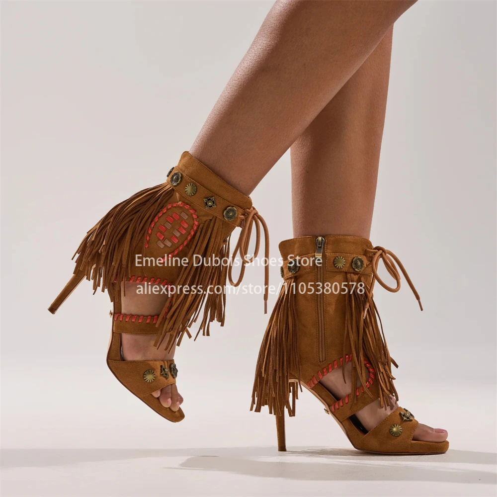 Suede Fringe Ankle Cuff Stiletto Heel Boots Sandals Open Toe Studded Lace up Gladitor Sandals Summer Party Women Casual Shoes
Suede Fringe Ankle Cuff Stiletto Heel Boots Sandals Open Toe Studded Lace up Gladitor Sandals Summer Party Women Casual Shoes