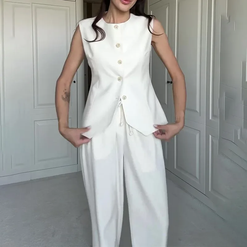 Sexy Two Piece Set Women 2024 Summer Round Neck Sleeveless Vest Top High Waist Straight Leg Pants Temperament Suit for Female
Sexy Two Piece Set Women 2024 Summer Round Neck Sleeveless Vest Top High Waist Straight Leg Pants Temperament Suit for Female