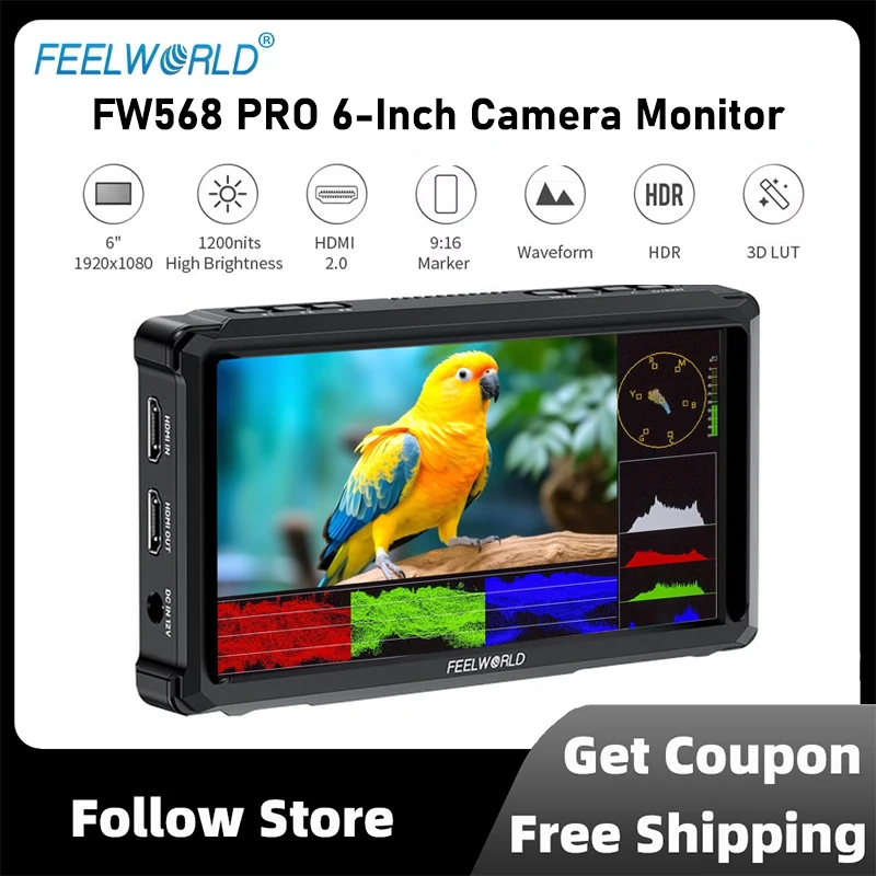 Feelworld FW568 PRO 6-Inch Camera Monitor 1200nit Brightness 1920x1080 IPS Display Custom 3D LUT 4K HDMI 60Hz HDMI In and Out
Feelworld FW568 PRO 6-Inch Camera Monitor 1200nit Brightness 1920x1080 IPS Display Custom 3D LUT 4K HDMI 60Hz HDMI In and Out