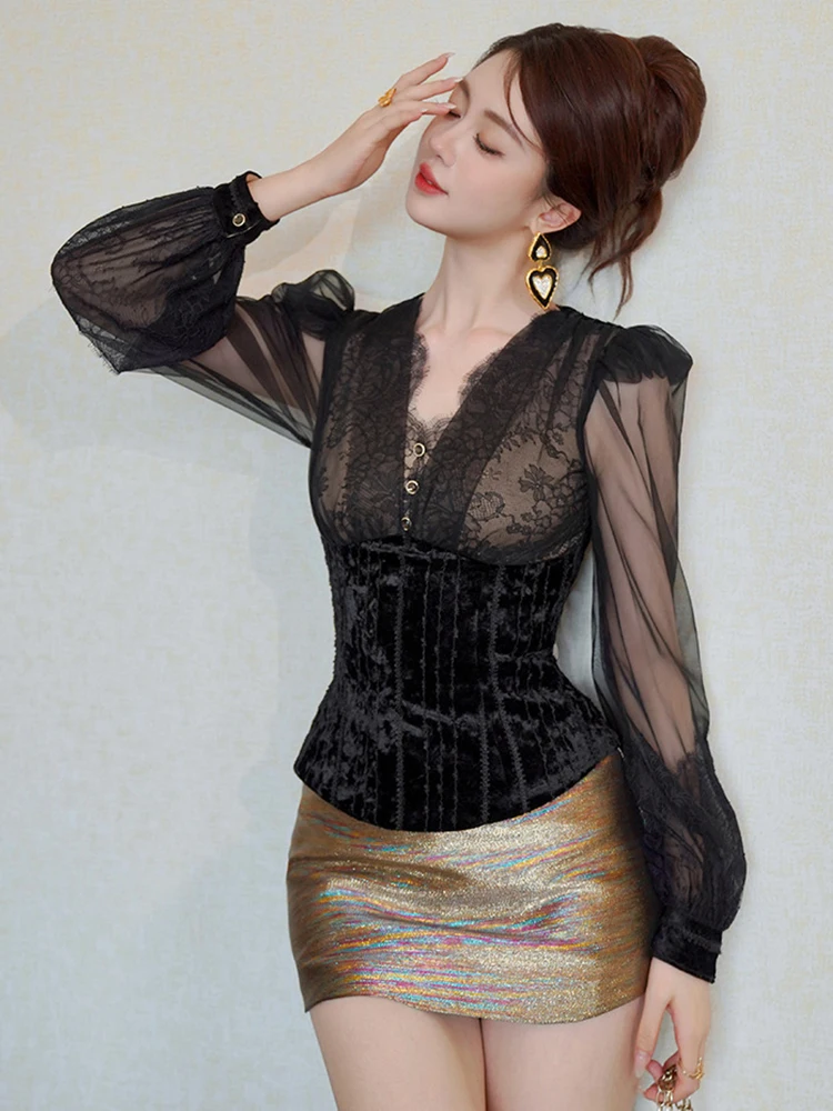 Женская одежда, милая сексуальная черная готическая кружевная и бархатная корсетная футболка, женская прозрачная сетка с длинными рукавами, тонкая футболка, вечерние блузки, женская
Женская одежда, милая сексуальная черная готическая кружевная и бархатная корсетная футболка, женская прозрачная сетка с длинными рукавами, тонкая футболка, вечерние блузки, женская