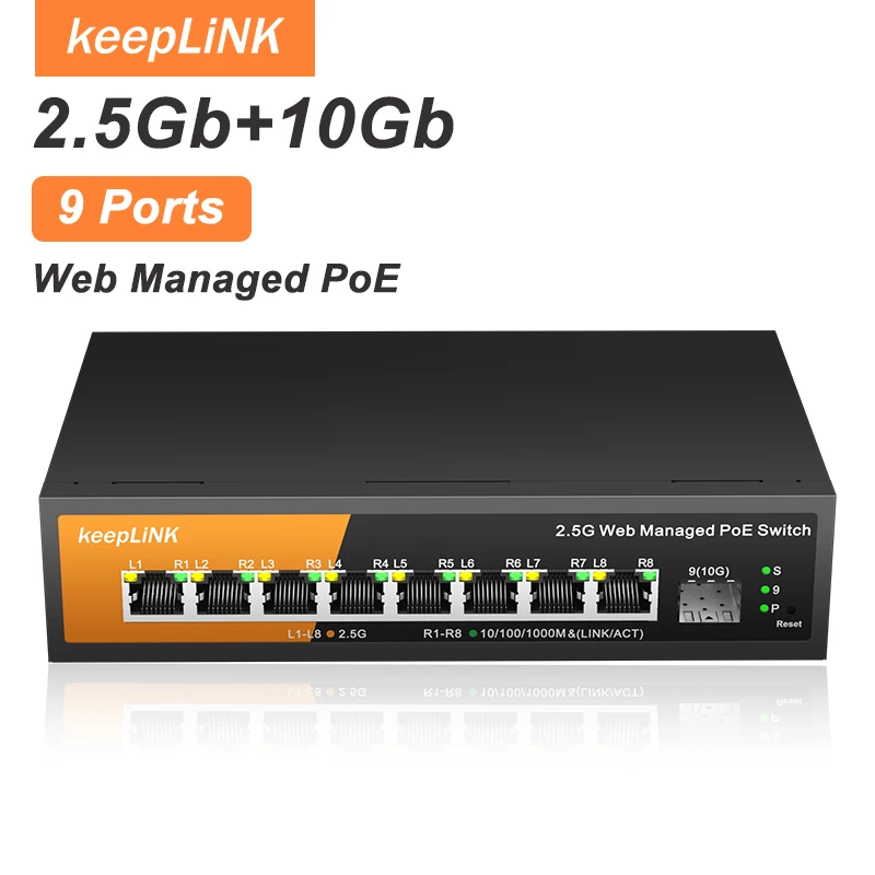 KeepLink 9-Port Multi-Gigabit Managed Switch with 8-2.5Gbps PoE and 1-10Gb SFP+ Uplink
KeepLink 9-Port Multi-Gigabit Managed Switch with 8-2.5Gbps PoE and 1-10Gb SFP+ Uplink