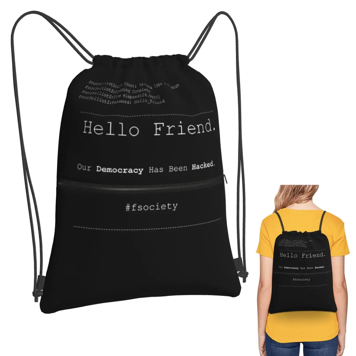 Mr Robot Hello Friend Fsociety Backpacks Fashion Drawstring Bags Sports Bag Book Bags for Travel Students
Mr Robot Hello Friend Fsociety Backpacks Fashion Drawstring Bags Sports Bag Book Bags for Travel Students