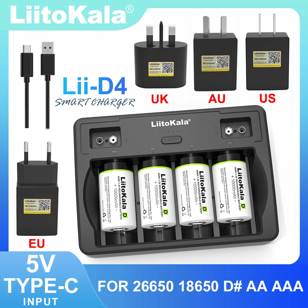 LiitoKala Lii-D4 EU US AU UK 9V 26650 18650 21700 18500 26700 16340 AA AAA C SC D 3.7V 1.2V Lithium NiMH Smart Battery Charger
LiitoKala Lii-D4 EU US AU UK 9V 26650 18650 21700 18500 26700 16340 AA AAA C SC D 3.7V 1.2V Lithium NiMH Smart Battery Charger