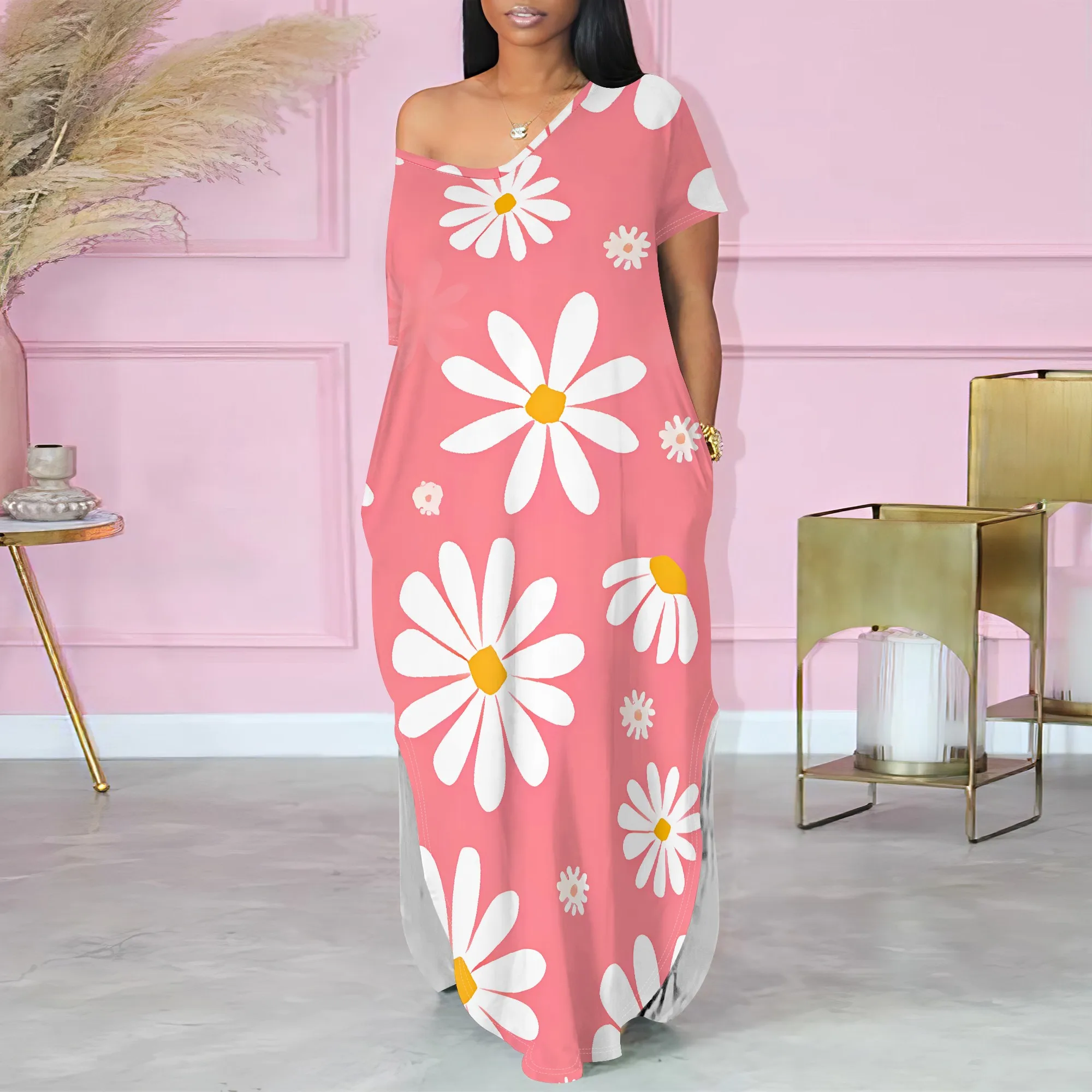 Off Shoulder Pink Maxi Dress Women Daisy Print Loose Fit Elegant Vacation Sundress for Summer
Off Shoulder Pink Maxi Dress Women Daisy Print Loose Fit Elegant Vacation Sundress for Summer
