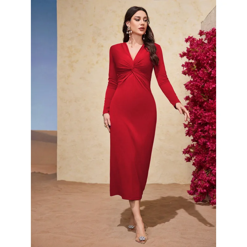 Women's French Elegant Style Dress Autumn and WinterVCollar Slim-Fit Red Midi Dress
Women's French Elegant Style Dress Autumn and WinterVCollar Slim-Fit Red Midi Dress