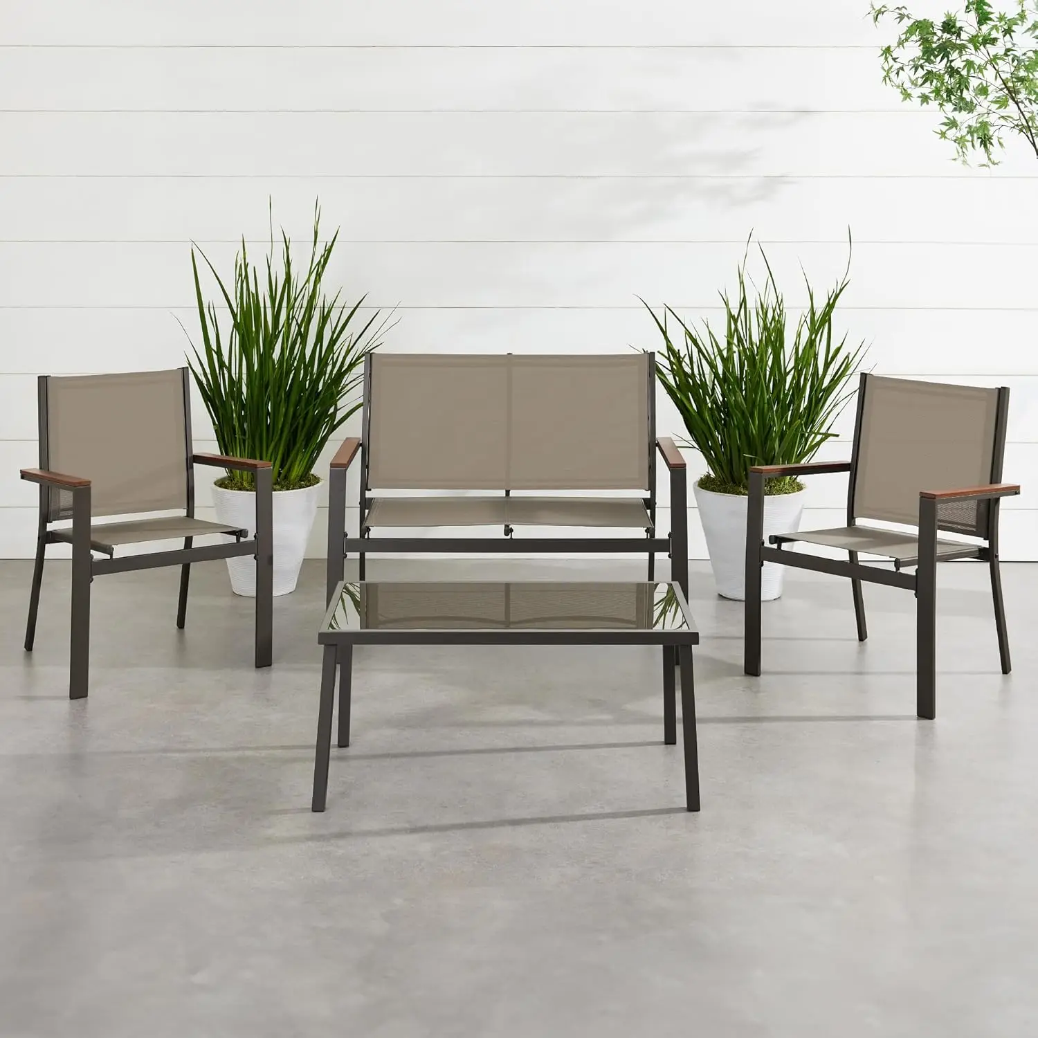 4-Piece Outdoor Textilene Patio Conversation Set, Backyard Furniture w/Loveseat, Coffee Table, Steel Frame - Brown/Brown
4-Piece Outdoor Textilene Patio Conversation Set, Backyard Furniture w/Loveseat, Coffee Table, Steel Frame - Brown/Brown