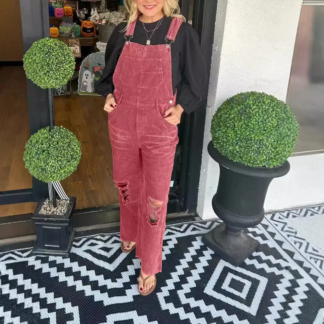 Women Corduroy Jumpsuits Sleeveless High Waisted Ripped Trousers 2025 Streetwear Hole Overalls Pockets Solid Color Rompers
Women Corduroy Jumpsuits Sleeveless High Waisted Ripped Trousers 2025 Streetwear Hole Overalls Pockets Solid Color Rompers