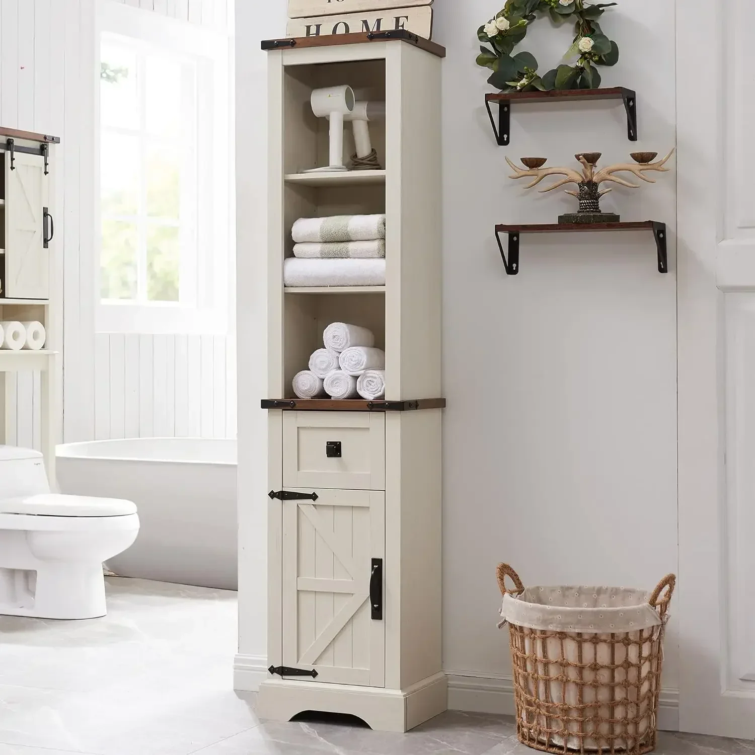 Bathroom Storage Cabinet, Farmhouse Storage Cabinet with Adjustable Shelves & Storage Drawer, Tall Linen Tower for Bathroom
Bathroom Storage Cabinet, Farmhouse Storage Cabinet with Adjustable Shelves & Storage Drawer, Tall Linen Tower for Bathroom
