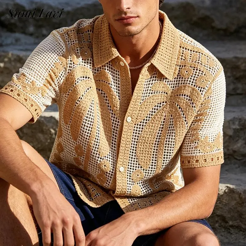 Vintage Mens Knitting Cardigans Tops Summer Daily Leisure Short Sleeve Button-up Lapel Knit Shirts For Men Casual Crochet Shirt
Vintage Mens Knitting Cardigans Tops Summer Daily Leisure Short Sleeve Button-up Lapel Knit Shirts For Men Casual Crochet Shirt