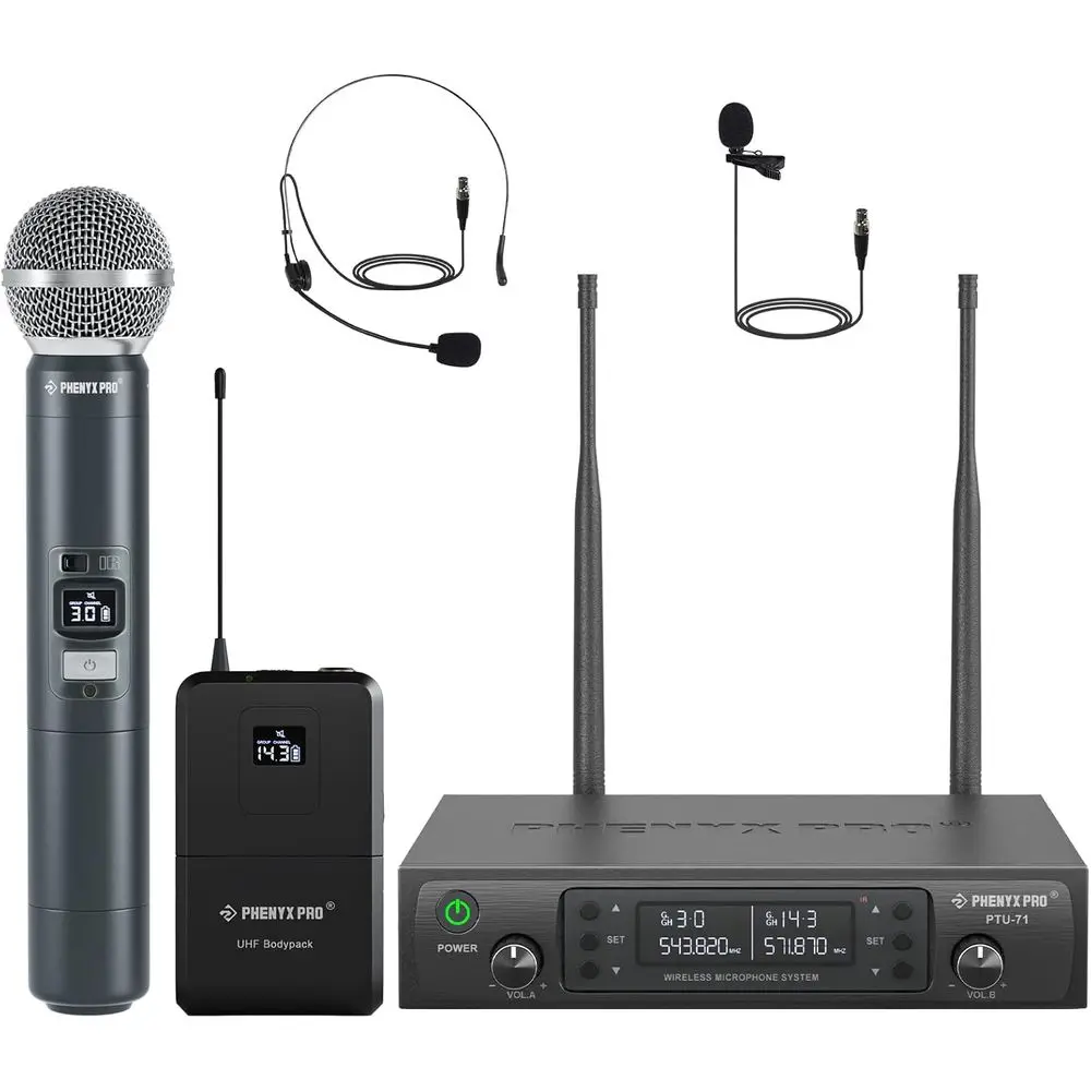 Dual Channel 100 UHF Metal Receiver, Auto Scan, Handheld, Bodypack, Lapel Mic Combo for Karaoke, Church, and Speech
Dual Channel 100 UHF Metal Receiver, Auto Scan, Handheld, Bodypack, Lapel Mic Combo for Karaoke, Church, and Speech