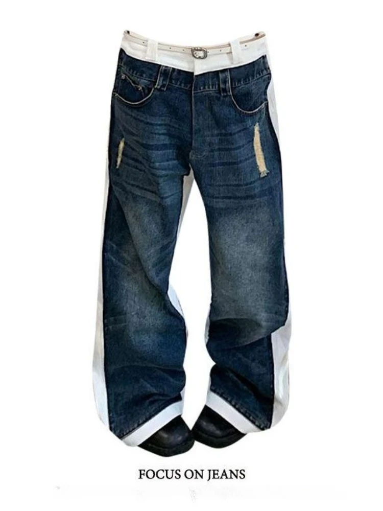 Women's Fake Two-piece Spliced Contrasting Blue Jeans Unisex Wide Leg Vintage Streetwear Trouser Female Casual Denim Pant
Women's Fake Two-piece Spliced Contrasting Blue Jeans Unisex Wide Leg Vintage Streetwear Trouser Female Casual Denim Pant