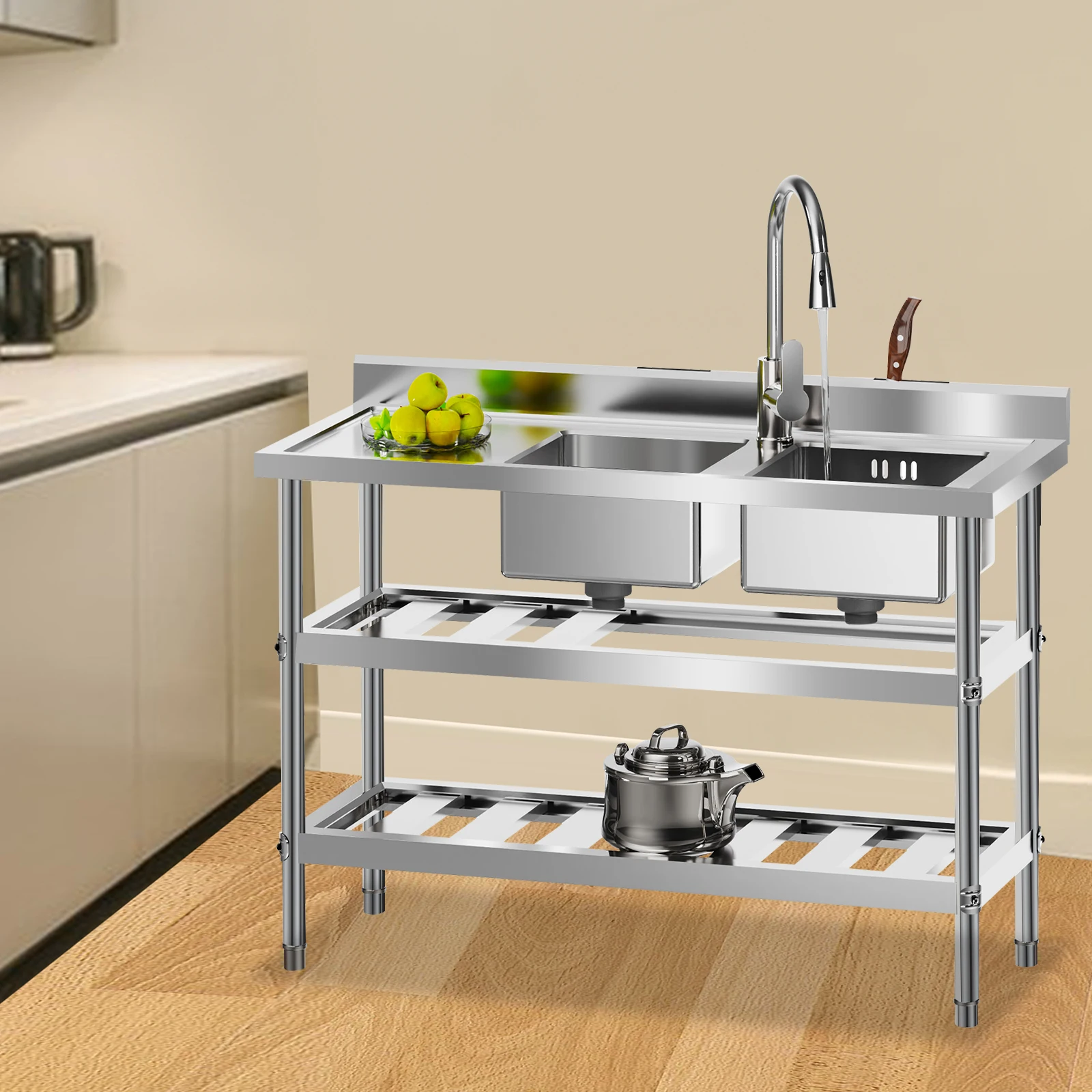 3-х уровневая коммерческая раковина для ресторана, кухонная мойка из нержавеющей стали со смесителем, 2 раковины 
3-х уровневая коммерческая раковина для ресторана, кухонная мойка из нержавеющей стали со смесителем, 2 раковины