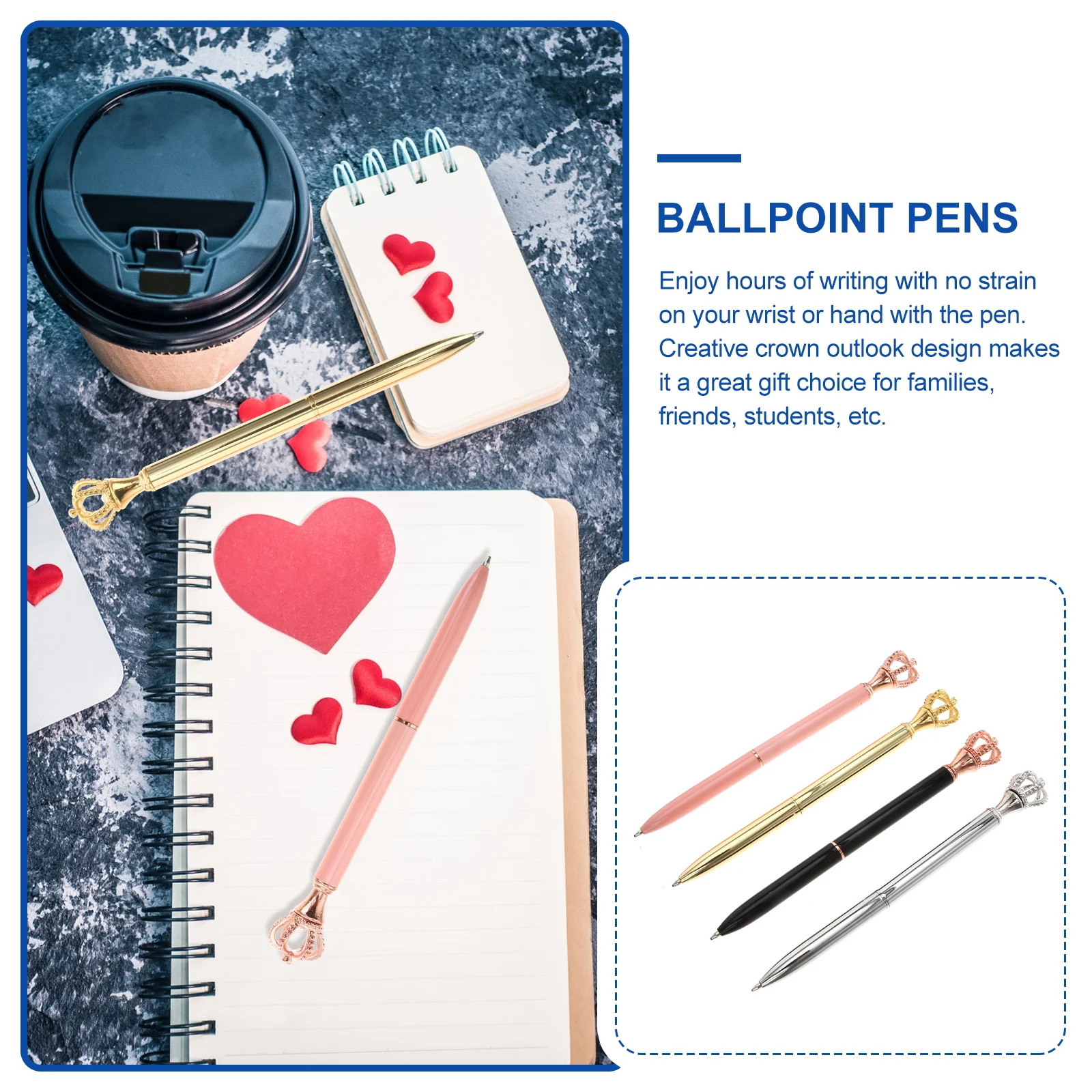 4Pcs Crown Design Ballpoint Pens Smooth Flow Ink Quick-Dry Writing Pen School Student Stationery Signature Metal Gift
4Pcs Crown Design Ballpoint Pens Smooth Flow Ink Quick-Dry Writing Pen School Student Stationery Signature Metal Gift