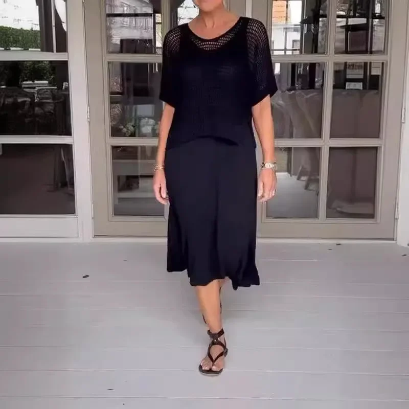Solid Color Loose Casual Two-piece Set, Round Neck Short Sleeve Knit Hollow Out Top + V-neck Halter Dress for Women's Summer
Solid Color Loose Casual Two-piece Set, Round Neck Short Sleeve Knit Hollow Out Top + V-neck Halter Dress for Women's Summer