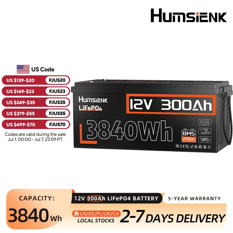 Humsienk 12V 300Ah LiFePO4 Battery, Built-in 200A BMS, MAX.3840Wh, Low-Temp Protection, Rechargeable Lithium Battery for Off-Grid Cabin, Tiny Home, Fishing, Portable Power Station, Marine, Trolling Motor, Solar Energy Storage, Emergency Backup
Humsienk 12V 300Ah LiFePO4 Battery, Built-in 200A BMS, MAX.3840Wh, Low-Temp Protection, Rechargeable Lithium Battery for Off-Grid Cabin, Tiny Home, Fishing, Portable Power Station, Marine, Trolling Motor, Solar Energy Storage, Emergency Backup