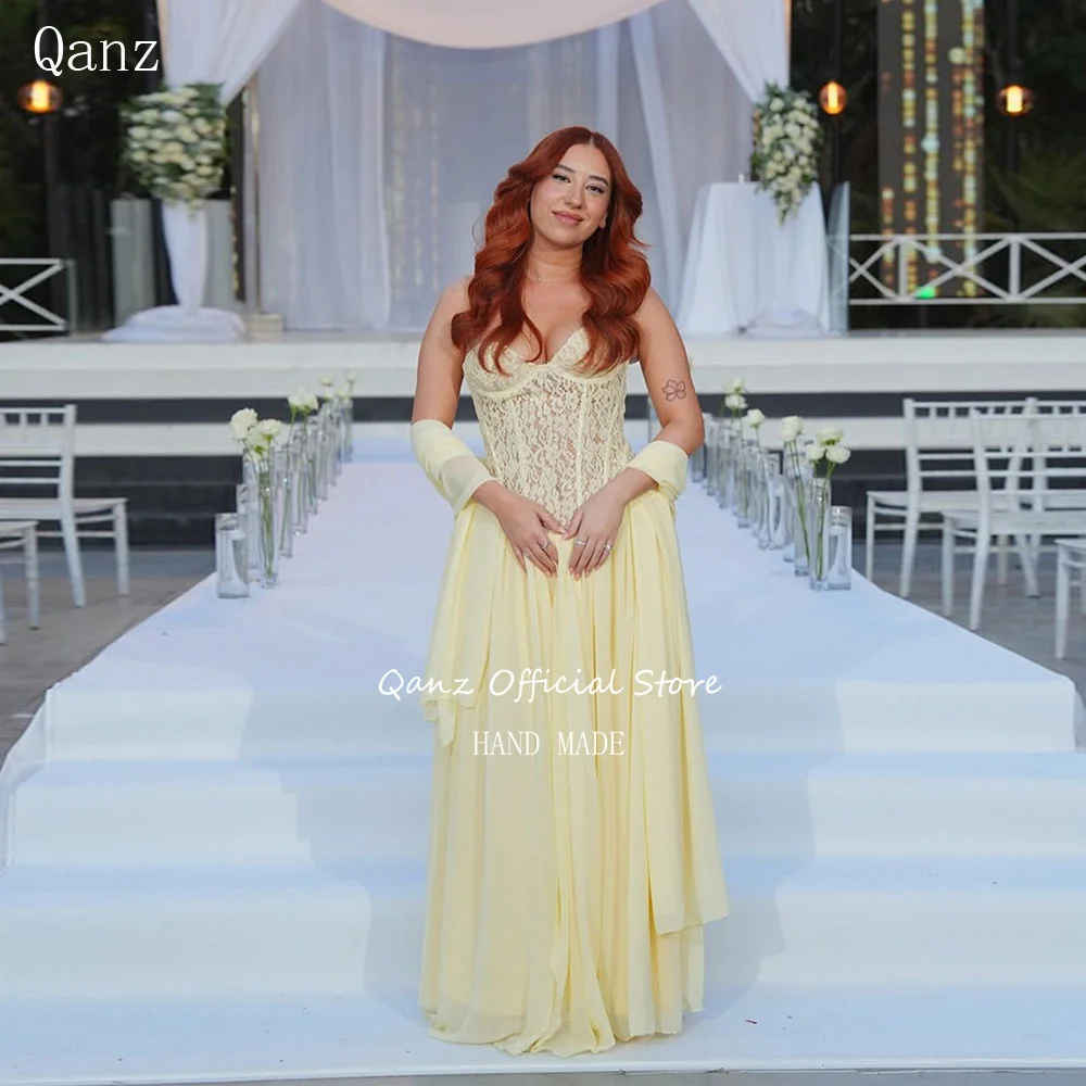 Qanz Light Yellow Evening Dress Long A Line Sweetheart Lace Women's Wedding Party Attire High Slit Vestidos Elegantes Customized
Qanz Light Yellow Evening Dress Long A Line Sweetheart Lace Women's Wedding Party Attire High Slit Vestidos Elegantes Customized