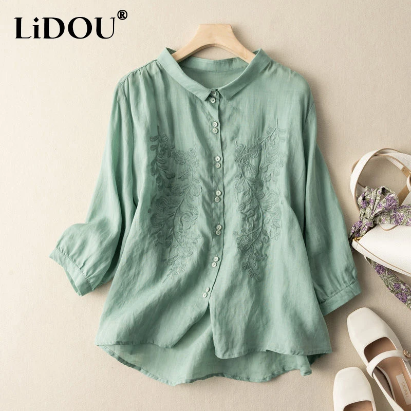 Summer New Fashion Solid Color Vintage Three Quarter Shirt 2023 Women POLO Collar Single Breasted Embroidered Ethnic Style Tops
Summer New Fashion Solid Color Vintage Three Quarter Shirt 2023 Women POLO Collar Single Breasted Embroidered Ethnic Style Tops