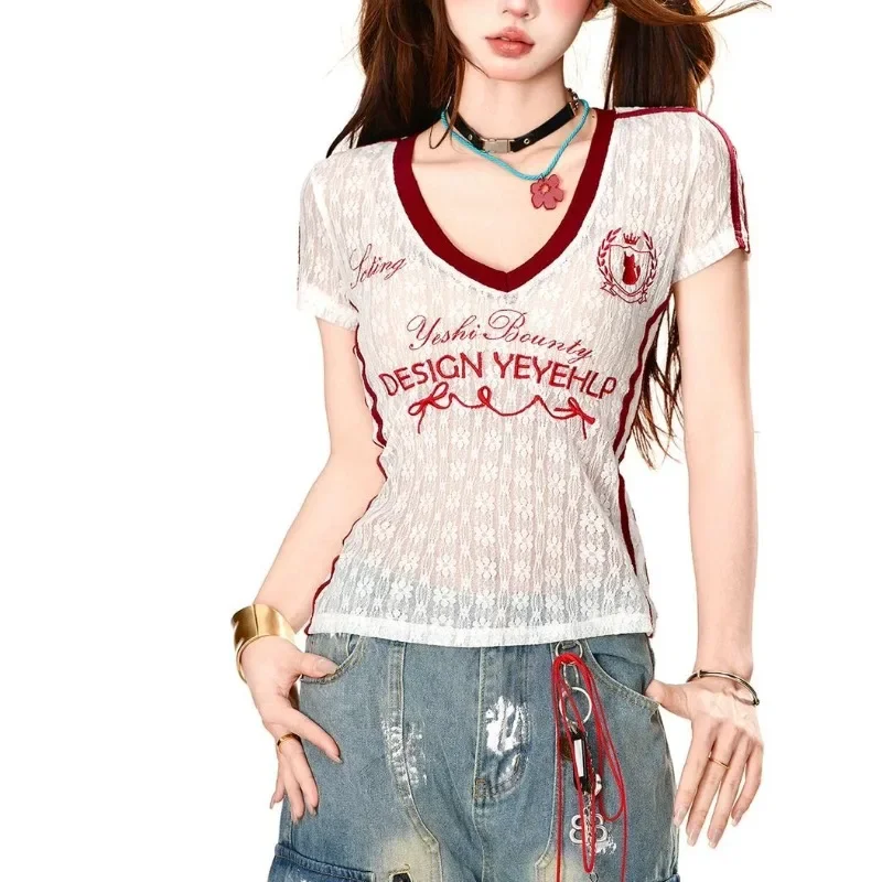 American Vintage Red Lace Sexy See Through Outfit Women's Summer Slim Short Sleeved Top V-neck Cool Girl Print Short T-shirt
American Vintage Red Lace Sexy See Through Outfit Women's Summer Slim Short Sleeved Top V-neck Cool Girl Print Short T-shirt