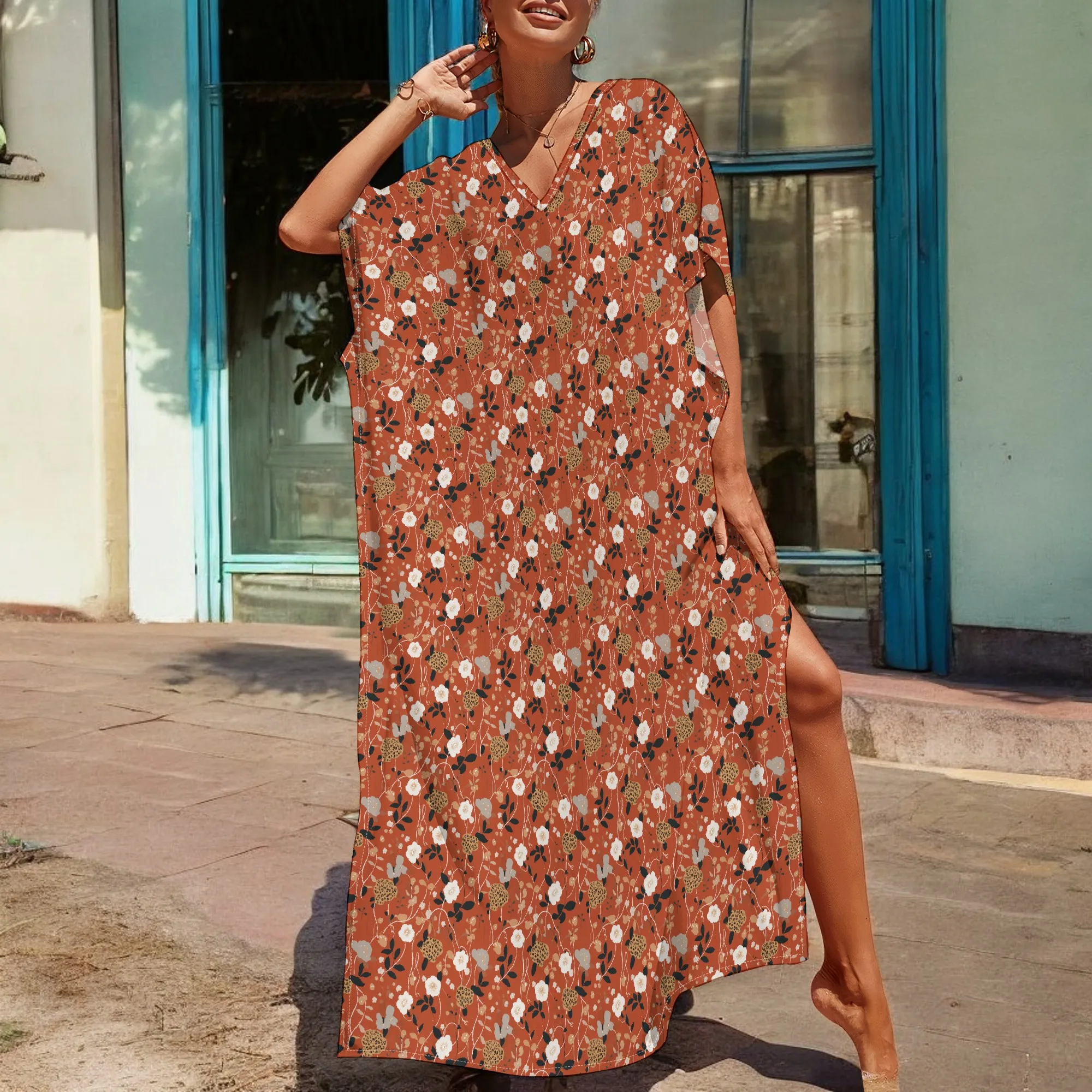 Boho Floral Kaftan Dress Terracotta Color with White Flower Print V-Neck Loose Fit S-3XL for Afro Fall Casual or Church Wear
Boho Floral Kaftan Dress Terracotta Color with White Flower Print V-Neck Loose Fit S-3XL for Afro Fall Casual or Church Wear