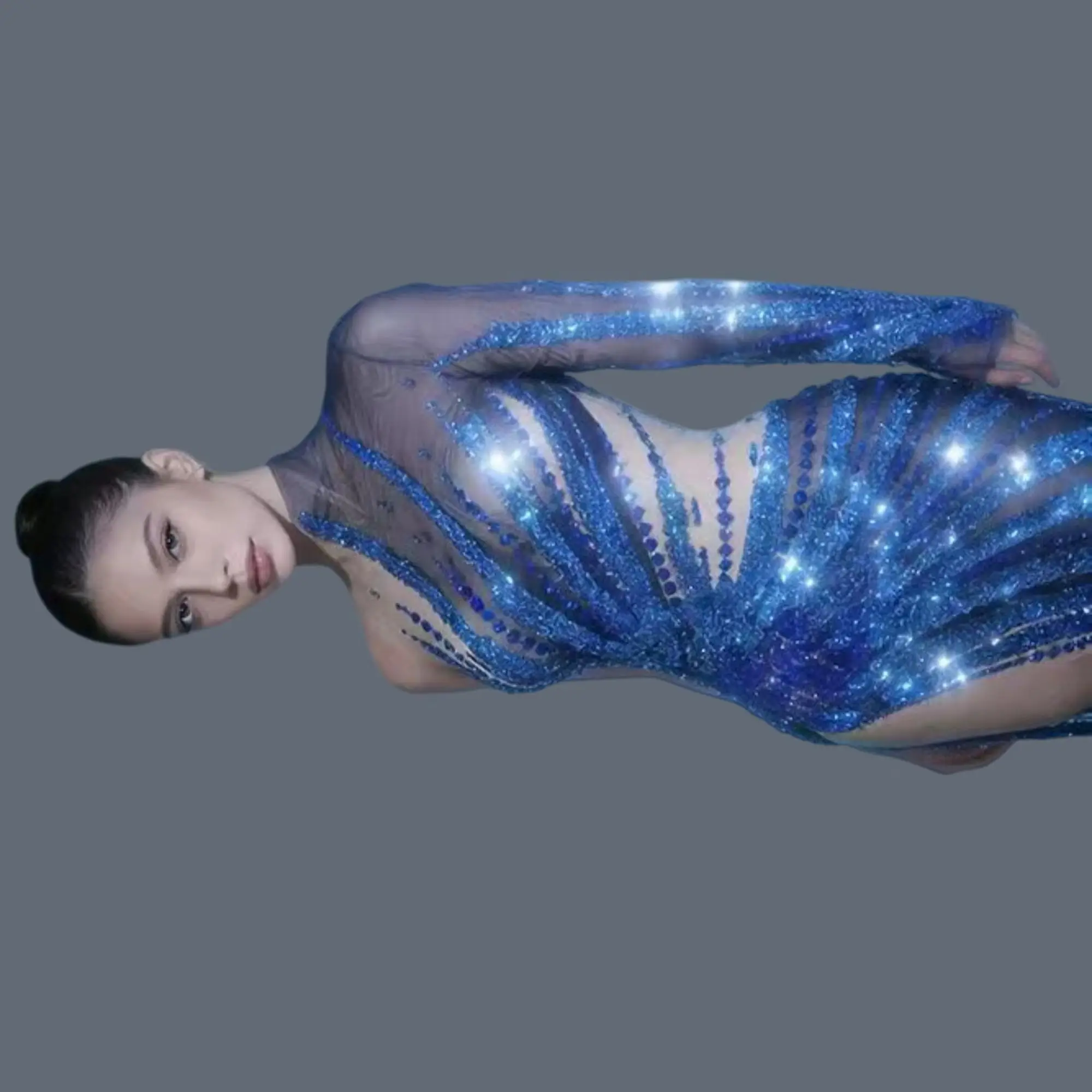 Sexy Latin Dance Dress Party Drag Queen Performer Wear Sparkly Blue Rhinestone Sequins High Side Slits One Sleeves Dress Penmo
Sexy Latin Dance Dress Party Drag Queen Performer Wear Sparkly Blue Rhinestone Sequins High Side Slits One Sleeves Dress Penmo