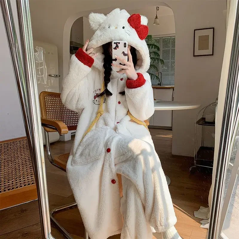 Sweet Hello Kitty cute creative cartoon pattern soft and comfortable thickened warm coral velvet hooded pajamas home wear set
Sweet Hello Kitty cute creative cartoon pattern soft and comfortable thickened warm coral velvet hooded pajamas home wear set