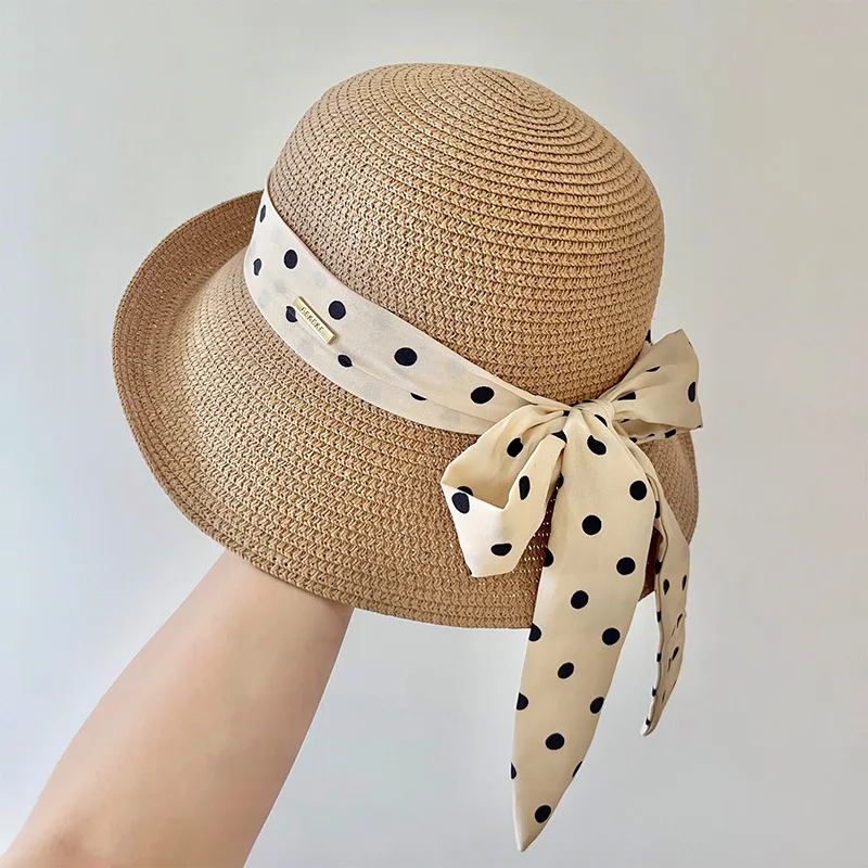 French elegant rolled edge straw hat for women's summer outings, polka dot bow ribbon versatile wide brim sun protection hat
French elegant rolled edge straw hat for women's summer outings, polka dot bow ribbon versatile wide brim sun protection hat