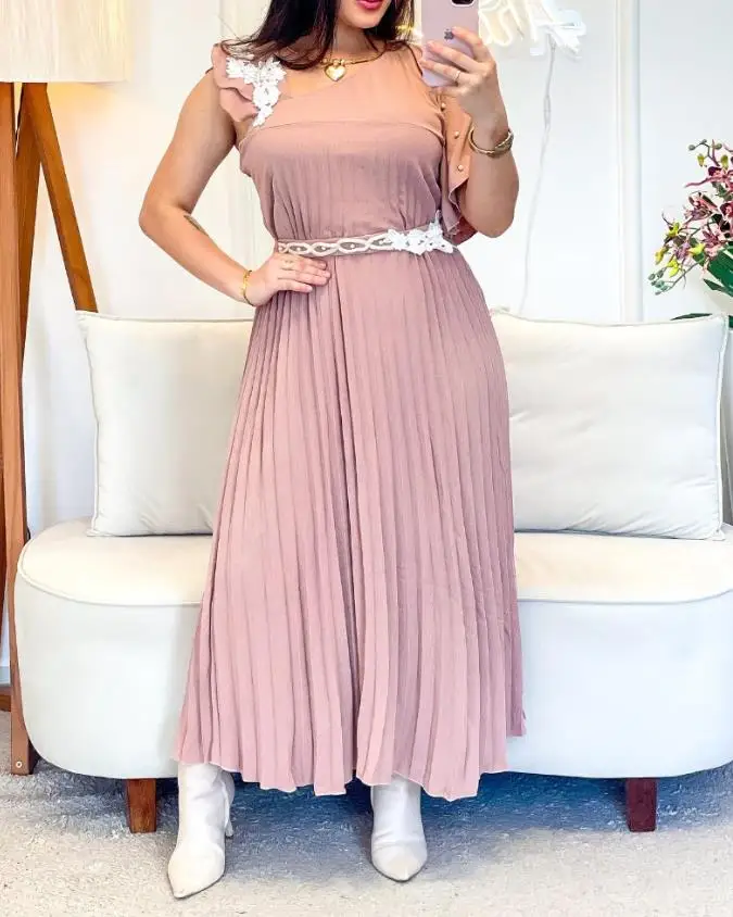 Summer Dress Woman Asymmetrical Neck Ruffle One Shoulder Lace Detail Pleated Maxi Dress with Belt Simple Commuting Elegant Dress
Summer Dress Woman Asymmetrical Neck Ruffle One Shoulder Lace Detail Pleated Maxi Dress with Belt Simple Commuting Elegant Dress