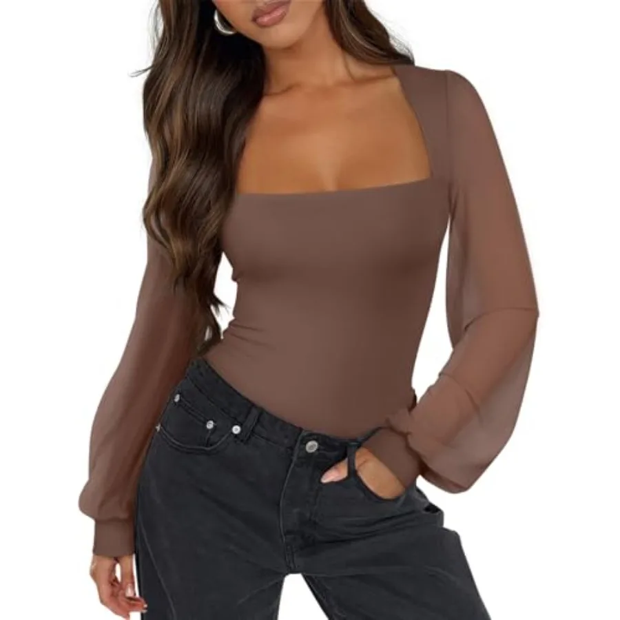 PINKMSTYLE Women's Square Neck Double Lined Mesh Long Sleeve Bodysuits Slim fit Trendy Going Out Tops Shirts
PINKMSTYLE Women's Square Neck Double Lined Mesh Long Sleeve Bodysuits Slim fit Trendy Going Out Tops Shirts