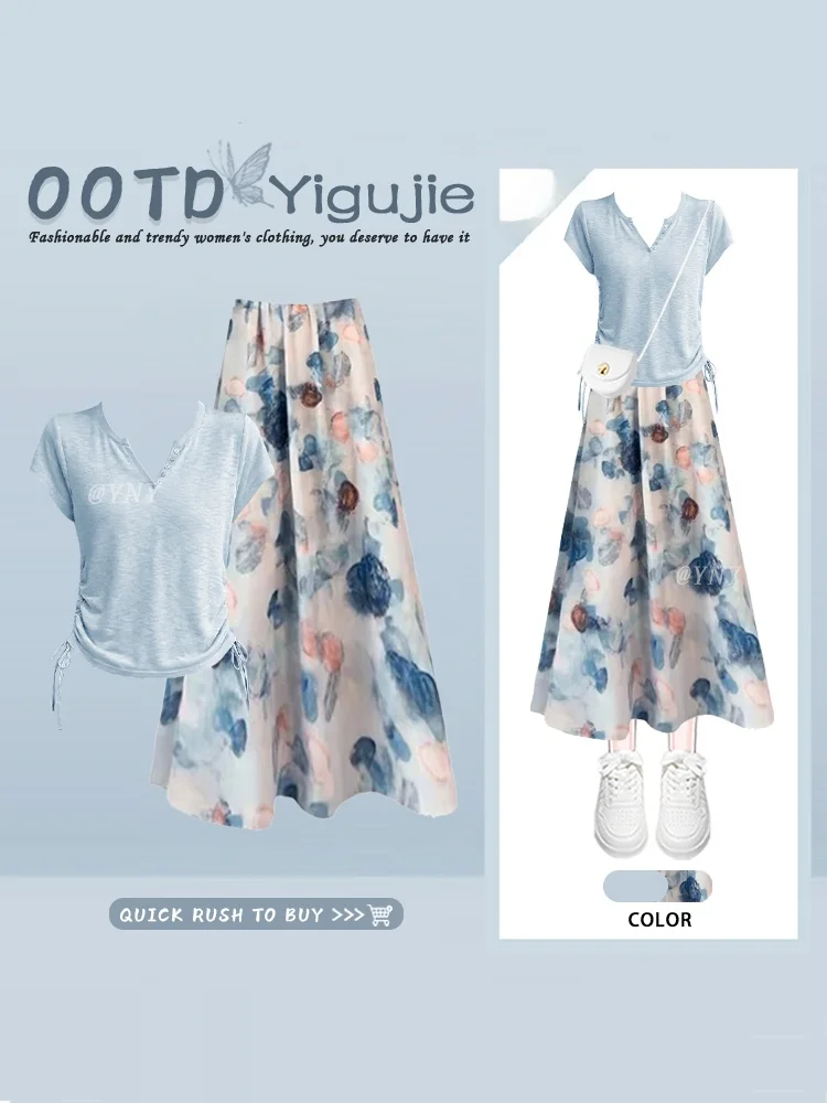 Gentle Harbor Vintage Slimming Blue Short Sleeve Drawstring Top And Midi Skirt Two Piece Set Women's Fashion Summer Outfit
Gentle Harbor Vintage Slimming Blue Short Sleeve Drawstring Top And Midi Skirt Two Piece Set Women's Fashion Summer Outfit
