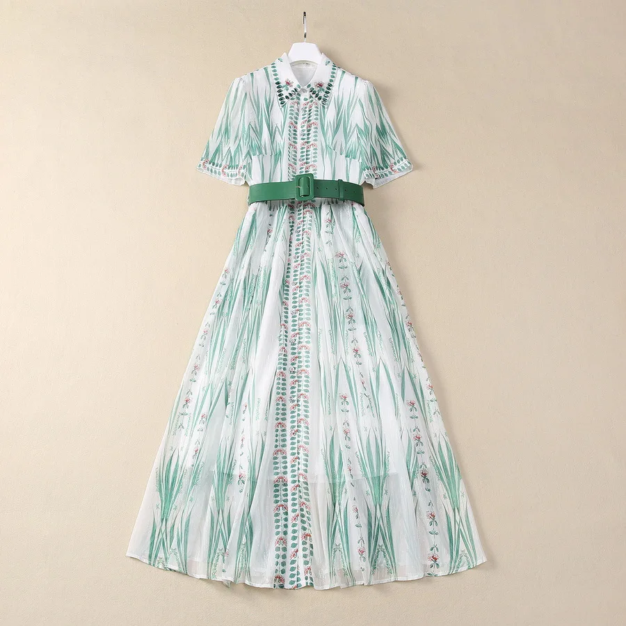 Europe and the United States women's 2024 summer new Nailed bead lapel Short-sleeved green printed single-breasted belt Dress
Europe and the United States women's 2024 summer new Nailed bead lapel Short-sleeved green printed single-breasted belt Dress