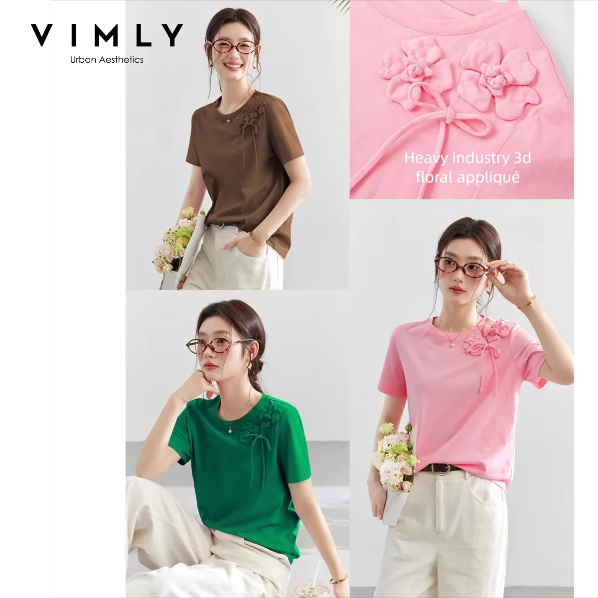 VIMLY 100% Cotton Summer T-Shirt Women 2026 Pink Tees Fashion Heavy 3D Floral Casual Crew Neck Short Sleeve Top A6182
VIMLY 100% Cotton Summer T-Shirt Women 2026 Pink Tees Fashion Heavy 3D Floral Casual Crew Neck Short Sleeve Top A6182