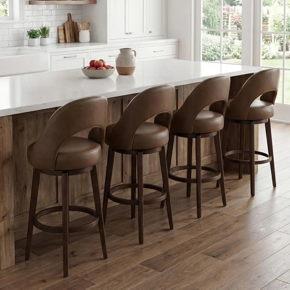 Set of 4 Brown Leather Swivel Bar Stools with Curved Backrest and Round Footrest for Kitchen or Home Bar
Set of 4 Brown Leather Swivel Bar Stools with Curved Backrest and Round Footrest for Kitchen or Home Bar