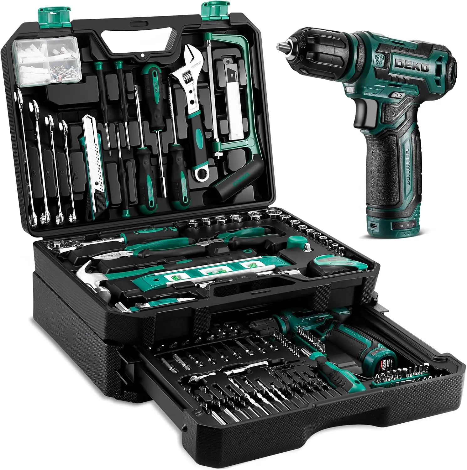 238pc Home Tool Set with 12V Cordless Drill & Storage Case, Green
238pc Home Tool Set with 12V Cordless Drill & Storage Case, Green