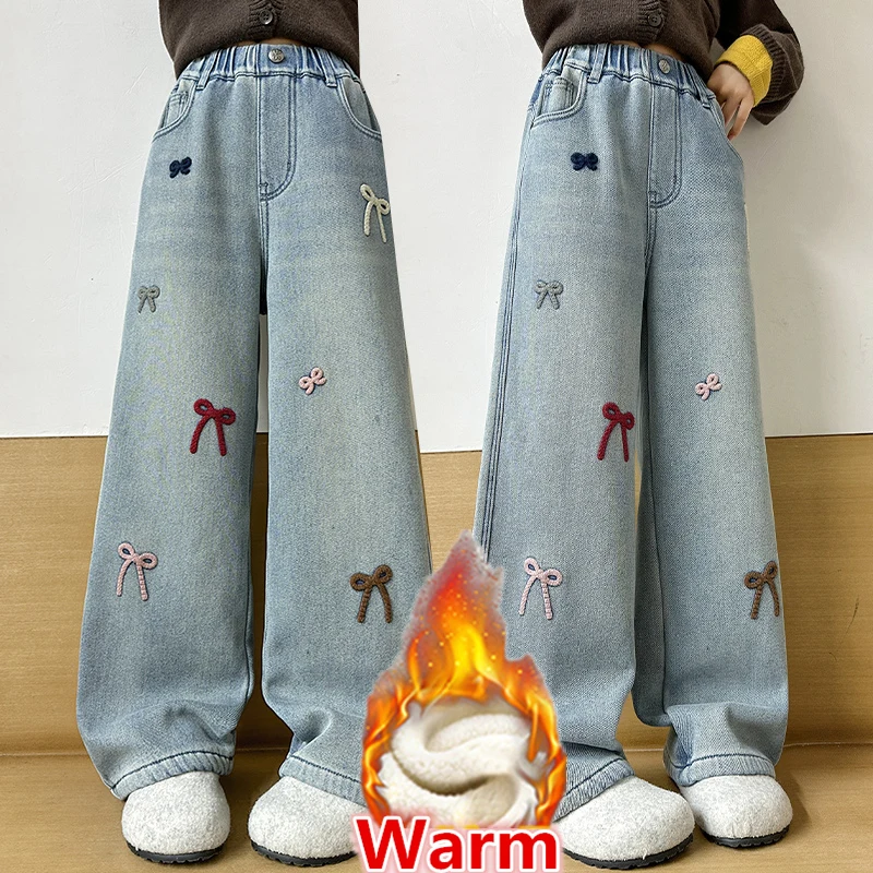 Loose Straight Elementary School Girl Winter Jeans with Bows Elegant Kids Child Warm Fleece Lined Denim Pants Insulated Trousers
Loose Straight Elementary School Girl Winter Jeans with Bows Elegant Kids Child Warm Fleece Lined Denim Pants Insulated Trousers