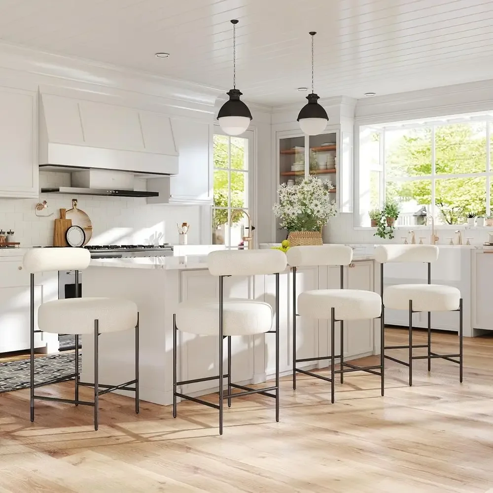 Set of 4 White Boucle Fabric Bar Stools with Barrel Back, 26 Inch High for Kitchen Island
Set of 4 White Boucle Fabric Bar Stools with Barrel Back, 26 Inch High for Kitchen Island