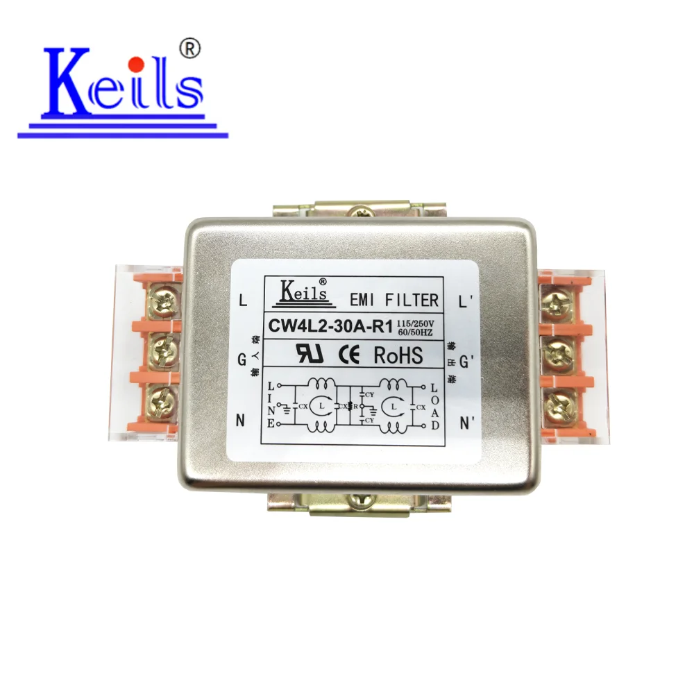 KEILS CW4L2-30A-R1 Single-Phase AC EMI Filter, 220V, DIN Rail Mount with Terminal Block, 10A/20A/30A
KEILS CW4L2-30A-R1 Single-Phase AC EMI Filter, 220V, DIN Rail Mount with Terminal Block, 10A/20A/30A