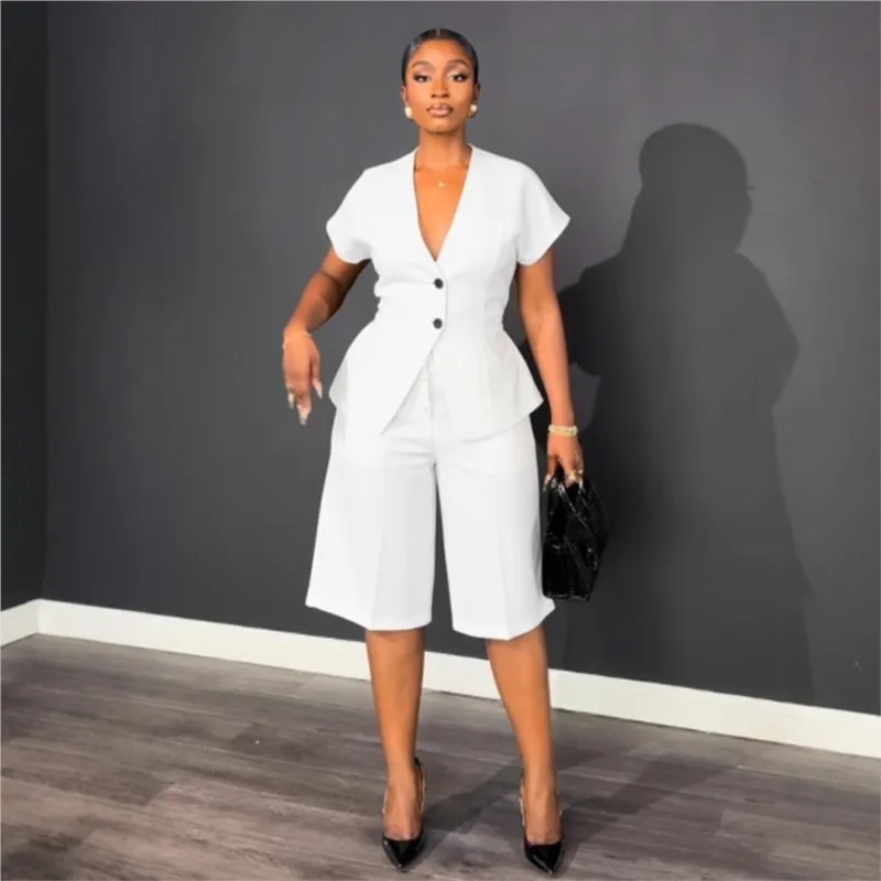 Summer Elegant Two Piece Set Woman Fashion Work To Wear Office Lady Short Sleeve V-neck Top And Knee Length Shorts Matching Sets
Summer Elegant Two Piece Set Woman Fashion Work To Wear Office Lady Short Sleeve V-neck Top And Knee Length Shorts Matching Sets