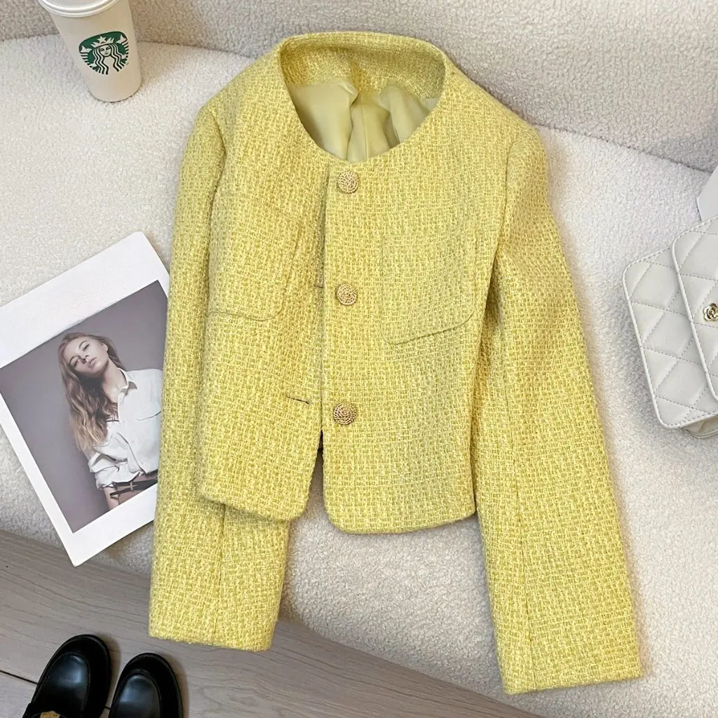 Women's Lemon Yellow High-Quality Jacket Spring Autumn Eight-Dimensional Small Fragrance Style Suit Casual Fashion Top
Women's Lemon Yellow High-Quality Jacket Spring Autumn Eight-Dimensional Small Fragrance Style Suit Casual Fashion Top