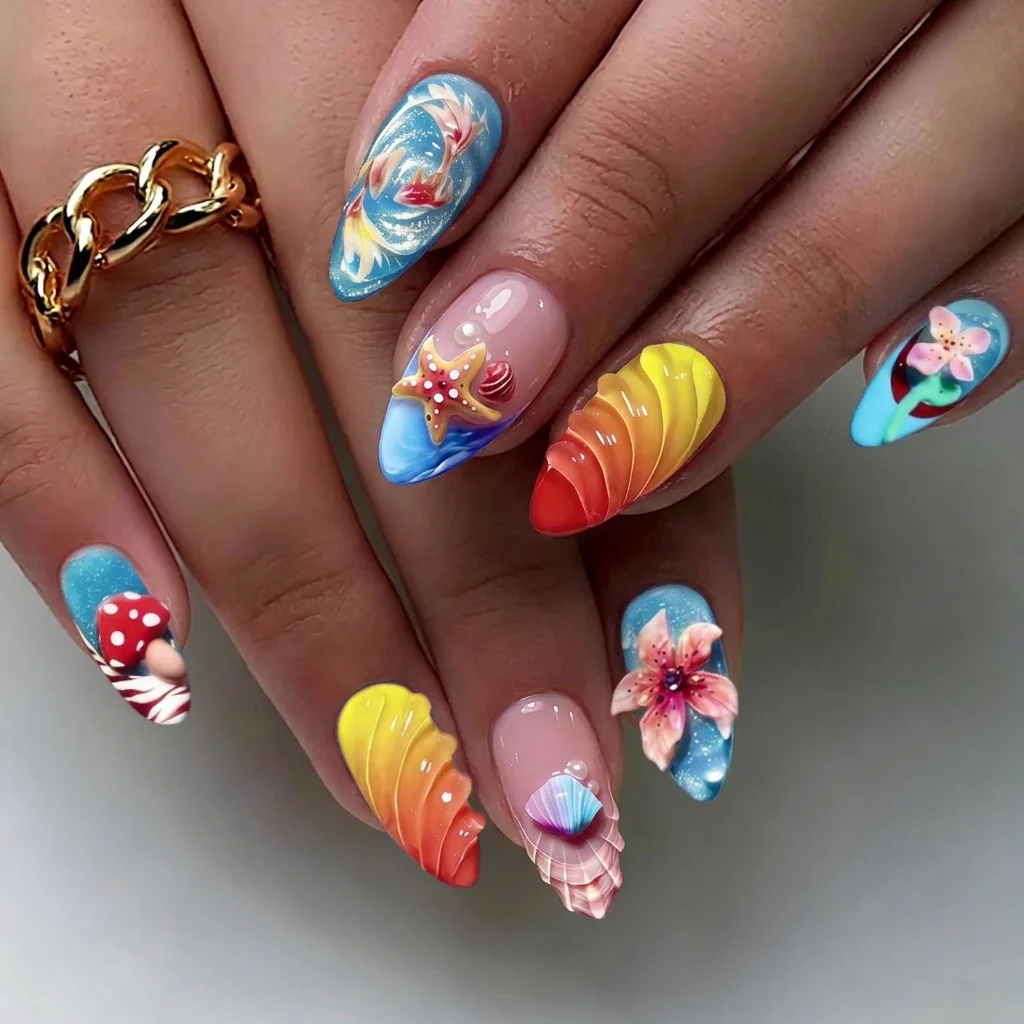 Almond Press on Nails Ocean Beach Theme 3D Starfish Jellyfish Wave Design False Nails Handmade Acrylic Press ons French Tips Na
Almond Press on Nails Ocean Beach Theme 3D Starfish Jellyfish Wave Design False Nails Handmade Acrylic Press ons French Tips Na