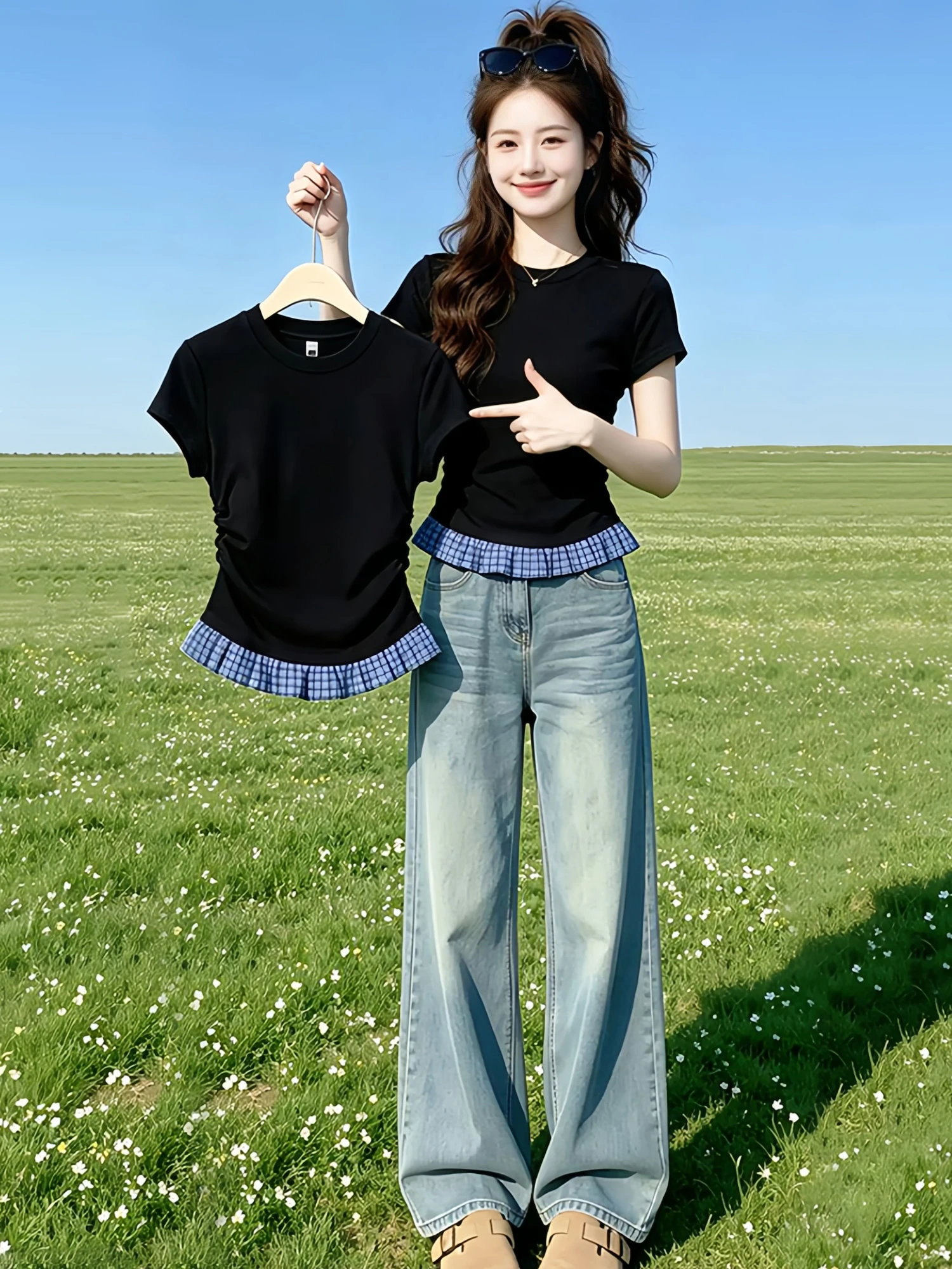 Korean Style Plaid Splice Short Sleeve T-Shirt Women's Summer New Small Design Black Waist Cinching Slimming Top Casual Wear
Korean Style Plaid Splice Short Sleeve T-Shirt Women's Summer New Small Design Black Waist Cinching Slimming Top Casual Wear