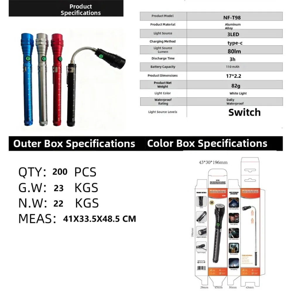 Telescopic Flexible LED Flashlight Magnetic Head Pick Up Tool For Home/Car Repair 170-570mm Aluminum Alloy TYPE-C Charging 80LM
Telescopic Flexible LED Flashlight Magnetic Head Pick Up Tool For Home/Car Repair 170-570mm Aluminum Alloy TYPE-C Charging 80LM