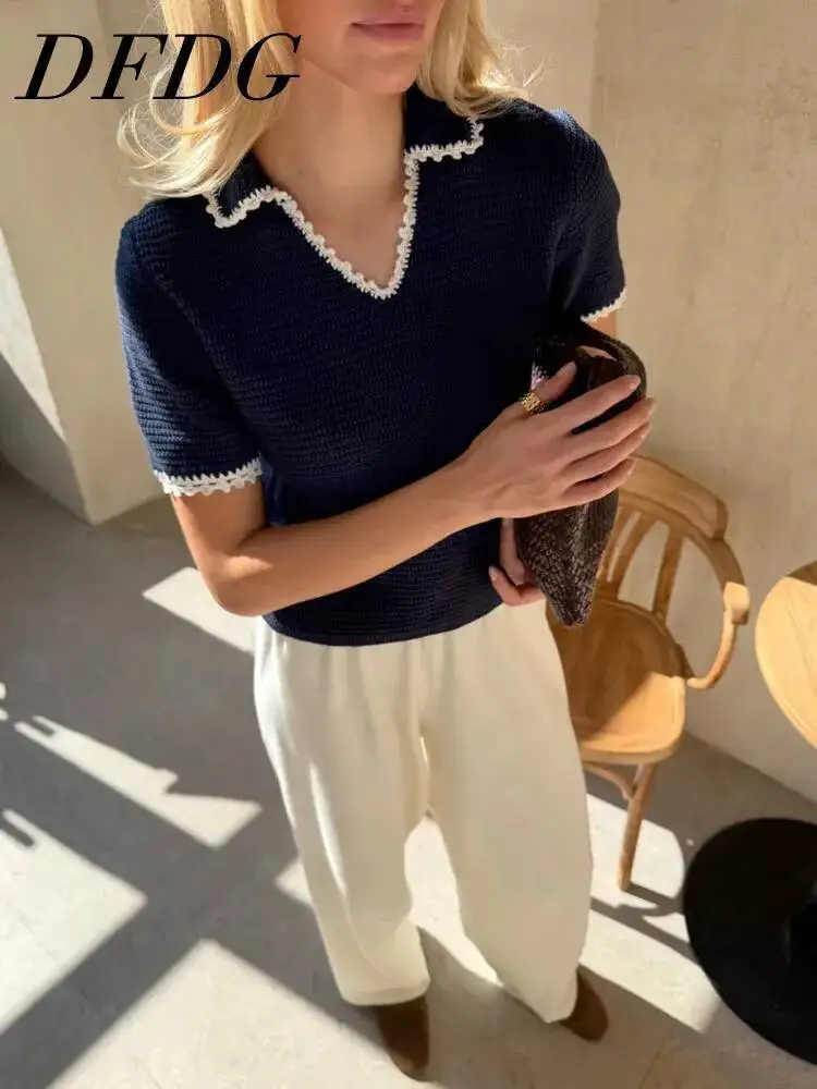 DFDG Women 2026 Spring Summer Lace Trim Knit Blouse V Neck Short Sleeve Slim Fit Elegant Dating Party Casual Fashion Tops
DFDG Women 2026 Spring Summer Lace Trim Knit Blouse V Neck Short Sleeve Slim Fit Elegant Dating Party Casual Fashion Tops