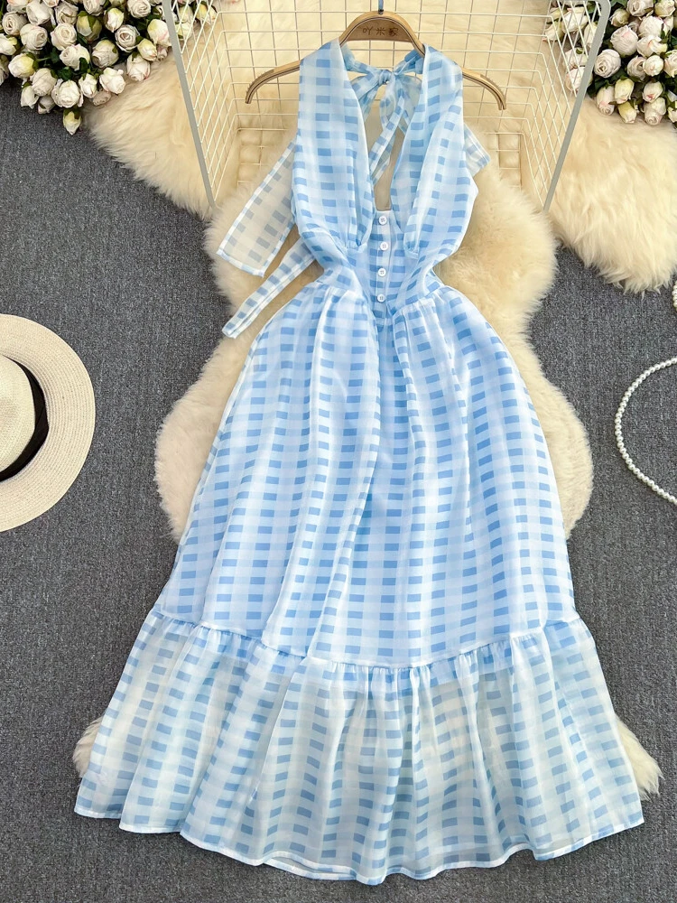 Women Sexy V-neck Backless Plaid Dress Summer Sleeveless A-line Slim Ruffled Chiffon Dresses Ladies Beach Long Dress Vestidos
Women Sexy V-neck Backless Plaid Dress Summer Sleeveless A-line Slim Ruffled Chiffon Dresses Ladies Beach Long Dress Vestidos
