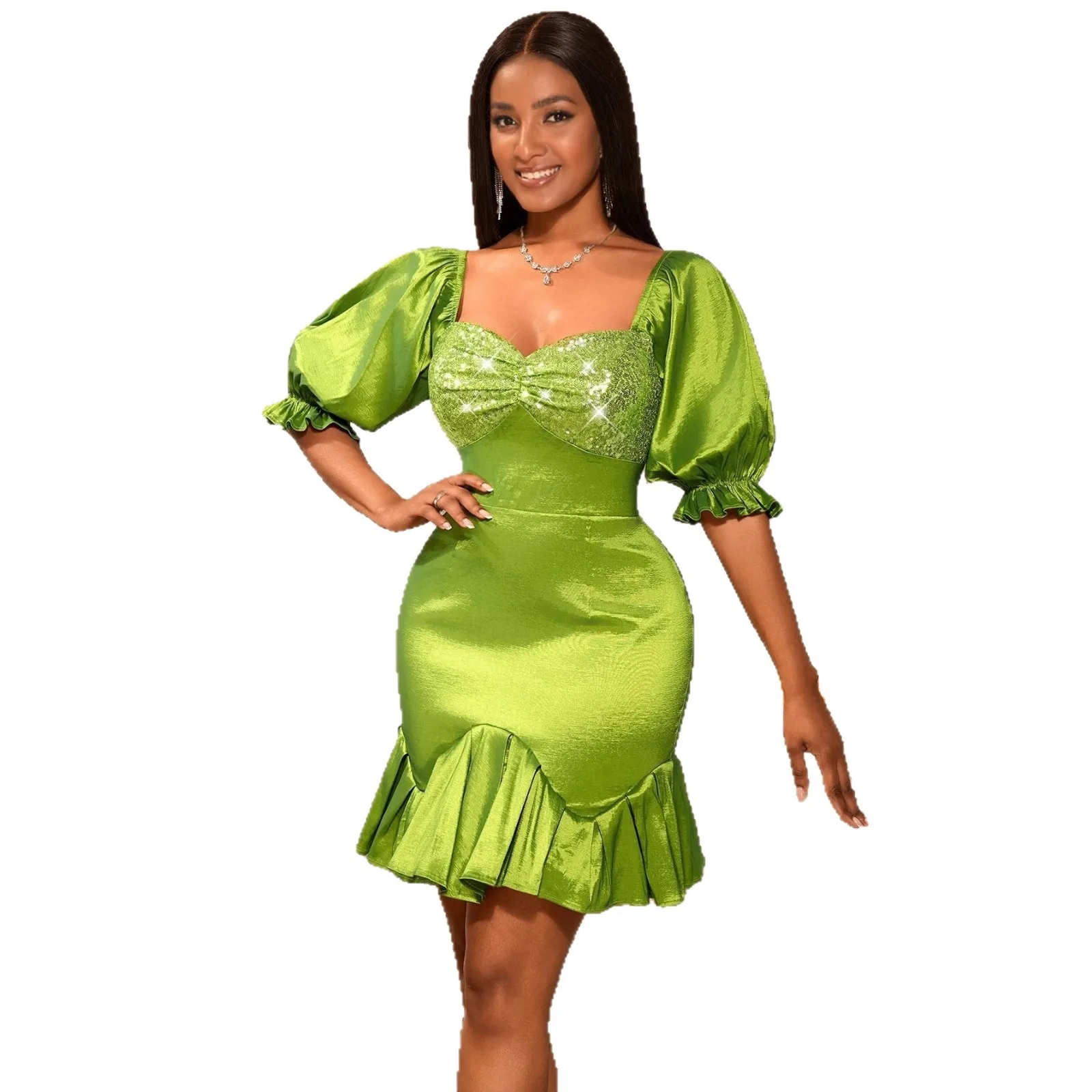 Women Satin Midi Dress Sexy Square Neck Patchwork Puff Sleeves Sequin Embellished Bust Ruffled Hem Bodycon Fit or Evening Party
Women Satin Midi Dress Sexy Square Neck Patchwork Puff Sleeves Sequin Embellished Bust Ruffled Hem Bodycon Fit or Evening Party