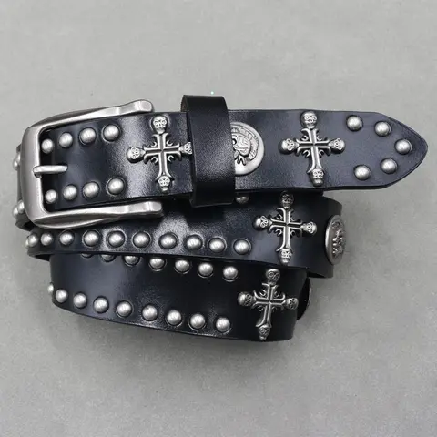 NEW Metal Rivet Cowboy Belt Genuine Leather Cowskin Men Belt Punk Rivet Jeans Belts For WOMEN Ceinture Homme Cinturones Hombre