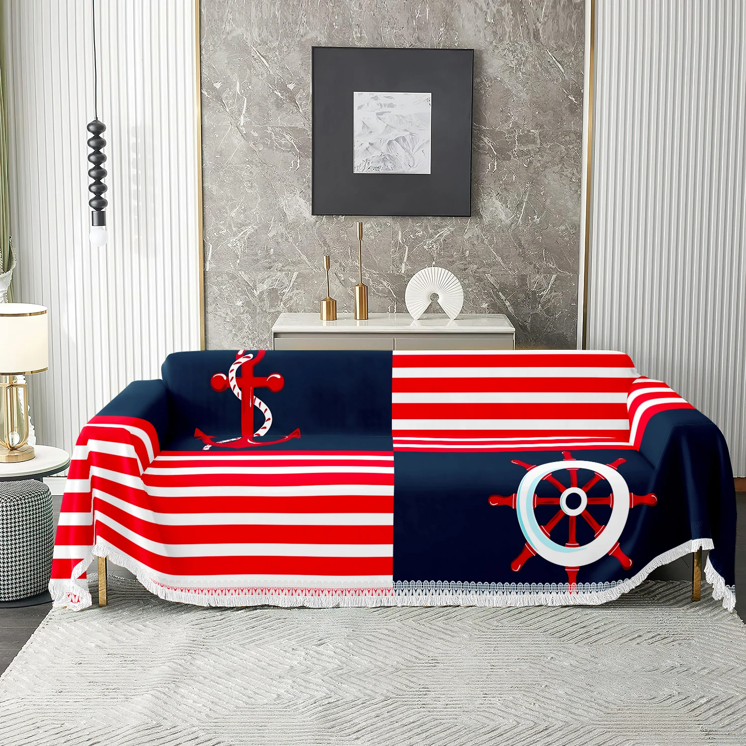 1pc Nautical Red White Stripe Anchor Sofa Throw Blanket, Fringe Tassel Couch Cover for Living Room, Soft Washable Protector
1pc Nautical Red White Stripe Anchor Sofa Throw Blanket, Fringe Tassel Couch Cover for Living Room, Soft Washable Protector