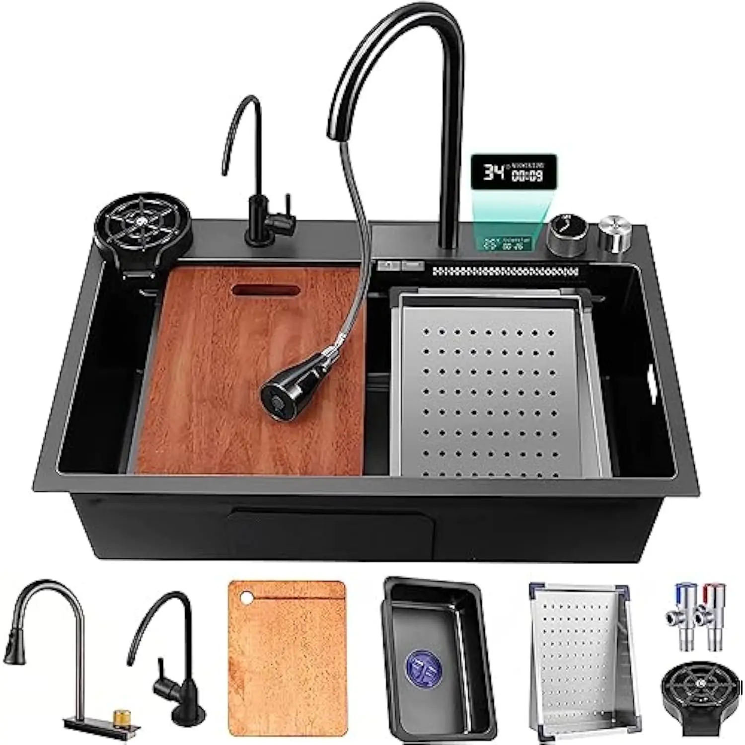 Black Nano Kitchen Sink Stainless Steel Waterfall Sink with Pull down Sprayhead Faucet Single Bowl Drop in Kitchen Sink Worksta
Black Nano Kitchen Sink Stainless Steel Waterfall Sink with Pull down Sprayhead Faucet Single Bowl Drop in Kitchen Sink Worksta
