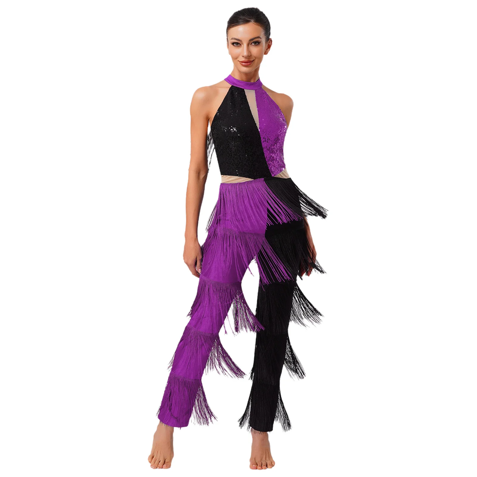 Women Latin 70s Disco Dance Bodysuits Sequin Tassel Fringe Long Pants Contrast Color Jumpsuit Party Latin Stage Performance Wear
Women Latin 70s Disco Dance Bodysuits Sequin Tassel Fringe Long Pants Contrast Color Jumpsuit Party Latin Stage Performance Wear