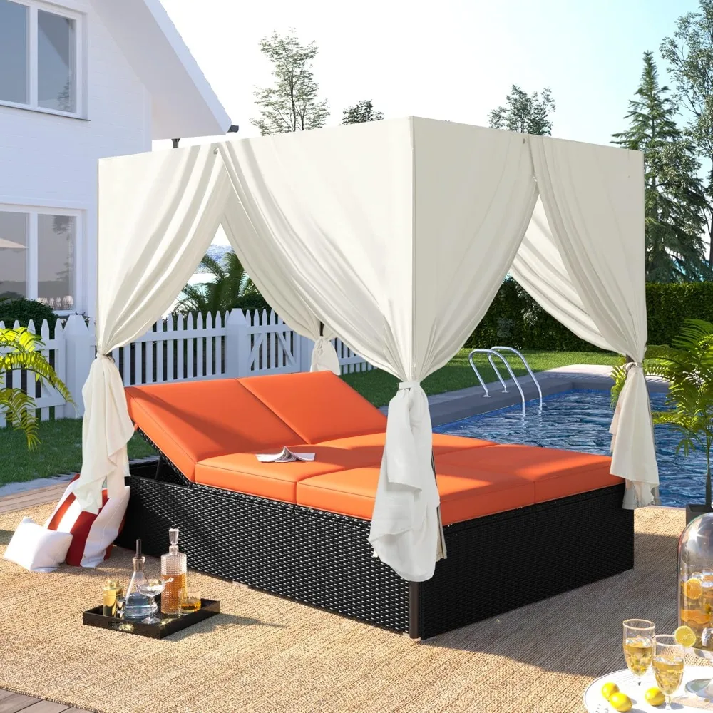Patio Chaise Lounge, PE Rattan Outdoor Patio Wicker Sunbed Daybed with Adjustable Seats, Four-sided Canopy, Overhead Curtain and
Patio Chaise Lounge, PE Rattan Outdoor Patio Wicker Sunbed Daybed with Adjustable Seats, Four-sided Canopy, Overhead Curtain and