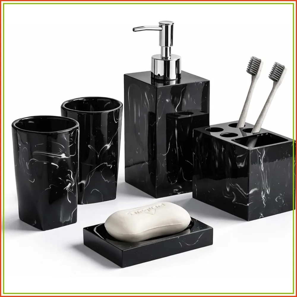 5 Piece Bathroom Accessories Set, Marble Resin Vanity Set with Soap Dispenser, Toothbrush Holder, Soap Dish & 2 Tumblers, Countertop Organizer
5 Piece Bathroom Accessories Set, Marble Resin Vanity Set with Soap Dispenser, Toothbrush Holder, Soap Dish & 2 Tumblers, Countertop Organizer